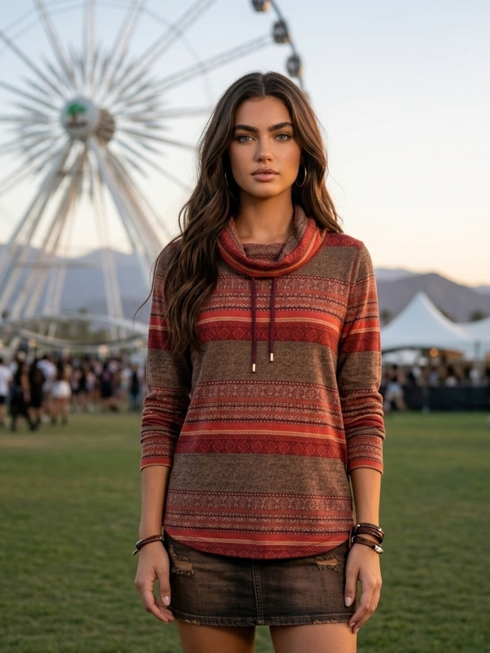 Women's Orange-Brown Striped Cowl Neck Sweater